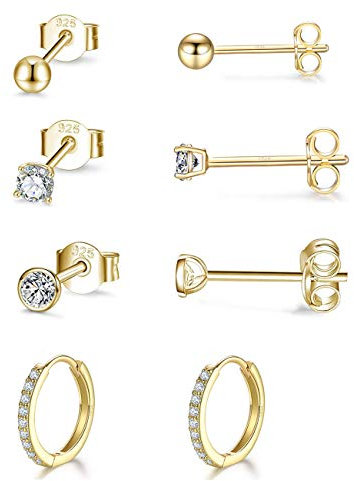 Gulicx Boucles D'oreilles Argent Femme, 4 Paires Boucles d'oreilles Plaqué Or Jaune, 3 Paires 3mm Clous d'reolles + 1 Paires 12mm Créoles Argent Avec Zircon Cubique
