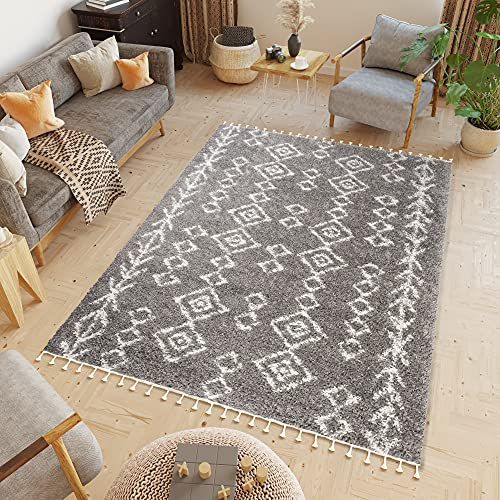 TAPISO Boho Fringes Teppich Hochflor Langflor Shaggy Fransenteppich Dunkelgrau Creme Inkamuster Ethno Modern ÖKOTEX 160 x 220 cm