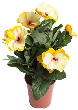 Botanic-Haus künstlicher Stiefmütterchenbusch (künstliches Stiefmütterchen) im braunen Kunststofftopftopf (Creme-gelb)