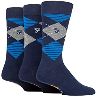 Farah Mens Argyle and Striped Cotton Socks 3 Pack Navy/Blue Arg 6-11