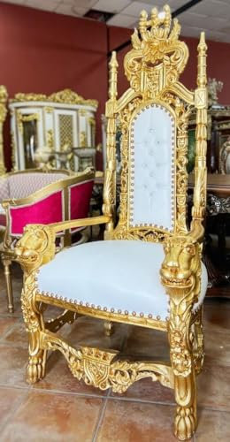 Casa Padrino Barock Thron Sessel mit Kunstleder und Glitzersteinen Weiß/Gold - Handgefertigter Königssessel - Hochzeitssessel - Riesensessel - Prunkvolle Barock Möbel