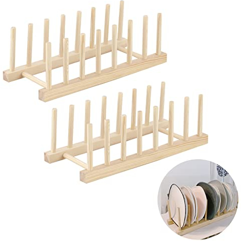 XIACIBDUS 2 unidades de escurreplatos de madera, soporte para platos, soporte para platos, estantes de madera, organizador de armario de cocina para cuenco, taza, tabla de cortar, libro