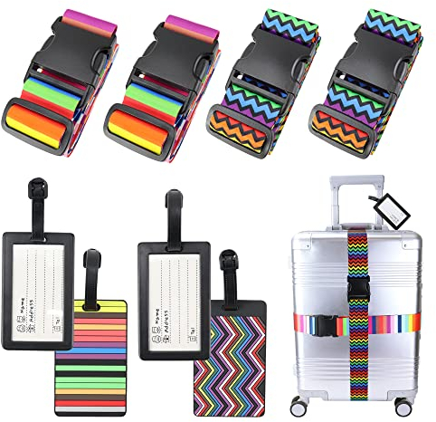 4 Stück Koffergurt mit 4 Gepäckanhänger Kofferband Gurt Bunt Gepäckgurt Travel Accessories,Suitcase Strap Adjustable Multifunktional Luggage Strap für Koffer Gurtband Koffergurte,Regenbogen+Welle