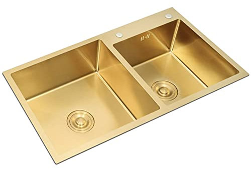 Lavello da incasso a incasso a doppia vasca, in acciaio inox 304, set da 7 articoli, confezione da 7 articoli, Deluxe Gold Nano, grande lavatoio artigianale, postazione di lavoro