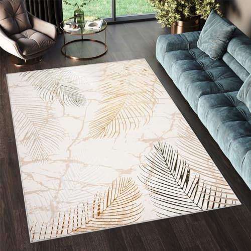 TAPISO Golden Tapis Salon Poils Courts Brillant Moderne Crème Or Vert Beige Moucheté Feuille de Palmier Tapis Chambre Adulte Salle à Manger Oeko-TEX Résistant 200 x 300 cm
