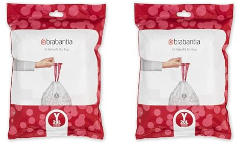 Brabantia Sacs Poubelle PerfectFit (Code Y / 20L), Ultra Résistant, Poignées Coulissantes (40 Sacs) (Lot de 2)