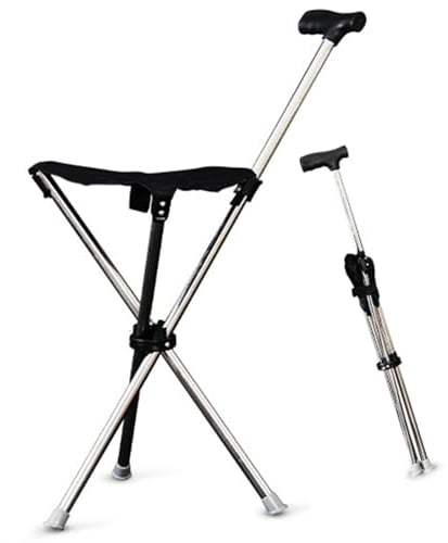 Klappbarer Gehstock für Senioren Aid Stativ Krückenstuhl mit Sitz Gehstock mit Sitz Höhe 86 cm, Nicht Verstellbar Leicht Spazierstock Wanderstock Tragbare Krücke Gehhilfe 3 Beine