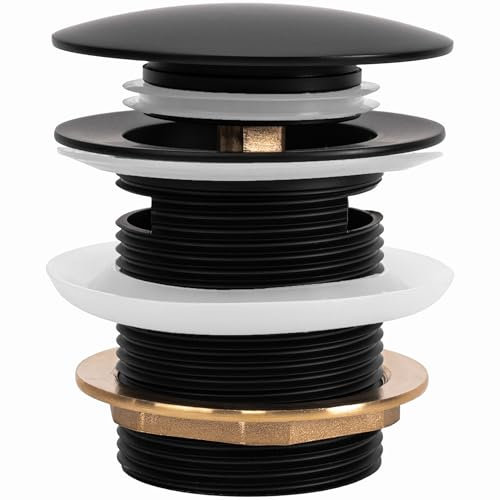 Rea Bonde de lavabo Universelle Click-Clack Noir 6 cm Bonde de lavabo avec trop-Plein, Bouchon Pop-up en Laiton (Noir Mat)