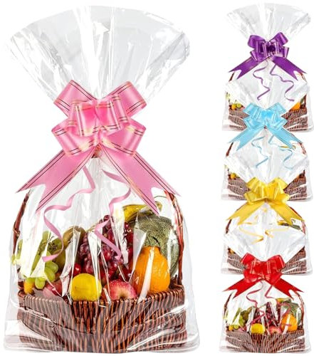 Large Cellophane Bags for Hampers with Pull Bows, 18 Pcs 20 x 27.6 Inches Clear Bags for Christmas Party Presents Packaging