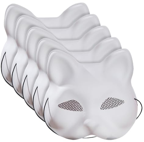 JIHUOO Lot de 5 masques blancs en plastique pour chat - Masques vierges pour peinture - Masques d'animaux - Masques de cosplay - Masques peints à la main - Masques d'animaux avec