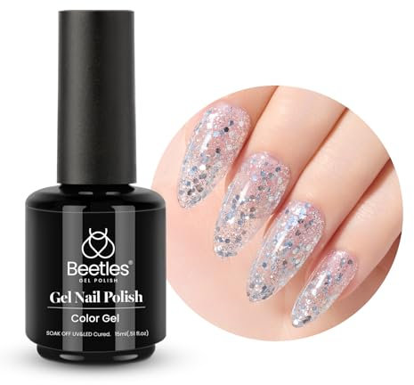 Beetles UV Gel Nagellack Glitzer Silber, 15 ml Glitzerfarbe Silberne Pailletten Gel Polish für Nagelkunst DIY- Gellack Heimmaniküre Geschenk für Frauen