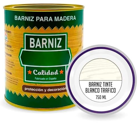 Tradineur - Bote de Barniz para Madera - Fabricado en España - Ideal para todo tipo de Maderas, vigas, cerchas, marcos, etc. - Capacidad de 750 ML - Blanco Trafico