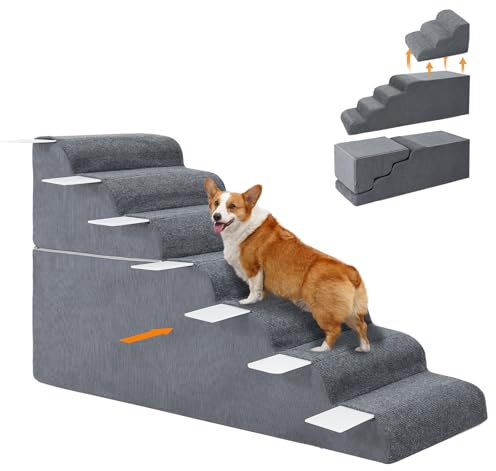6-stufige Hundetreppe für Hochbett und Couch, 65 cm hoch für Hunde, breitere Haustiertreppe für kleine alte große Hunde Katzen, 30° stabile rutschfeste Hundetreppe, waschbare Hunderampe mit