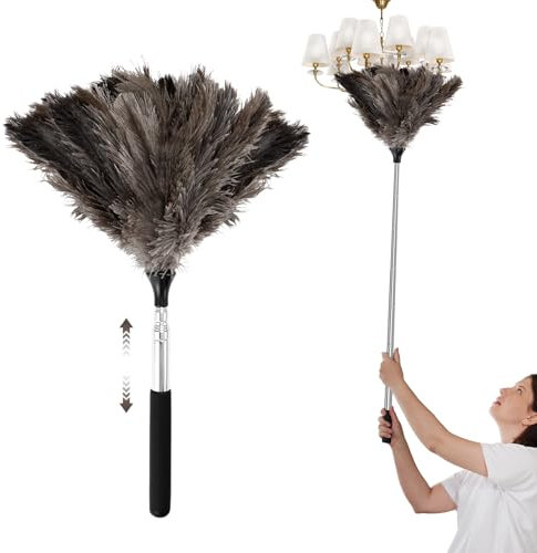 QGGTQG Strauß Staubwedel mit Teleskopstiel Teleskop Staubwedel Lang Ausziehbar Waschbar Anti-Statik Effektiver Staubfänger Verstellbar von 43cm bis 115cm für Hohe Oberflächen Deckenventilator