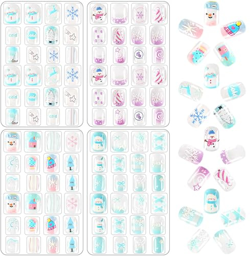JANYUN Lot de 96 faux ongles motif relief hivernal, à presser pour une couverture complète pré-collée, courts et faux ongles, joli cadeau de Noël