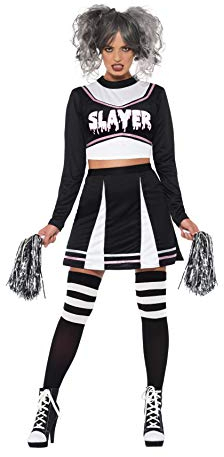 Smiffys Fever Gothic Cheerleader-Kostüm, Schwarz, mit bauchfreiem Hemd, Rock & Pompons
