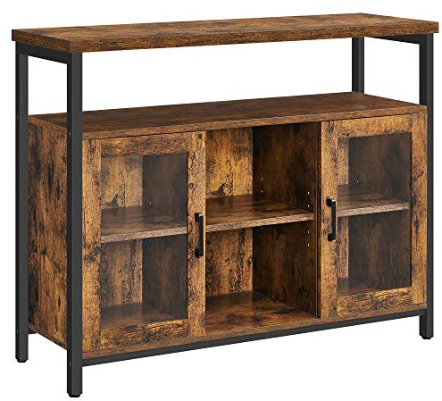 VASAGLE Sideboard, Küchenschrank, Aufbewahrungsschrank, 2 Glastüren, offene Ablage, verstellbare Einlegeböden, 100 x 35 x 80 cm, vintagebraun-schwarz LSC095B01