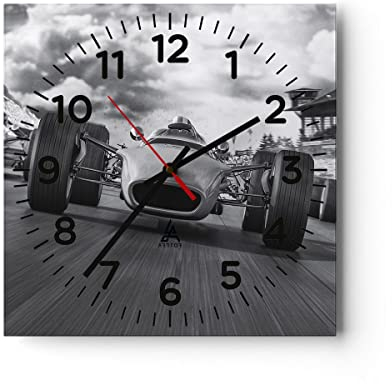 Modern Wanduhr Formel 1 Schwarz und Weiß 40x40cm Quadrat Groß Wand Uhr Glas Analog Zimmeruhren Küche Büro Wohnzimmer Glasuhr Wall Clock Dekoration Design Wanddekoration Küchenuhr C4AC40x40-4127