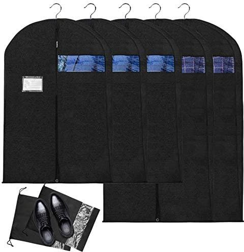 7Stücke Hochwertige Kleidersack Anzug Schwarz mit Schuhbeutel, Kleiderhülle Hält Ein Leben Lang, Anzugtasche Herren, Anzug Schutzhülle für Anzug und Kleid, Atmungsaktiv&Wasserdicht, Reise Schutzhülle