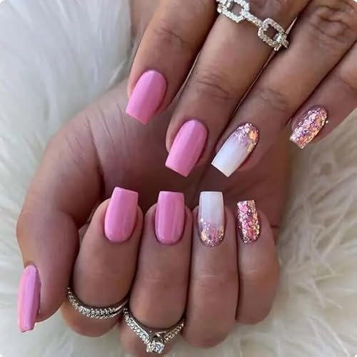 A N K Coffin Ballerina Tapered Press on Rainbow False Nails, Glossy Metallic Acrylic Nail False Tips Artificial Finger Manicure for Women (24 pcs square head pink glitter nails)
