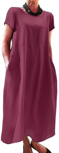 Xnova Vestiti Donna Estivi con Tasche, Scollo Rotondo Vestito in Lino, Manica Corta Lungo Abito Larghe Casual Boho Abiti (Viola, L)