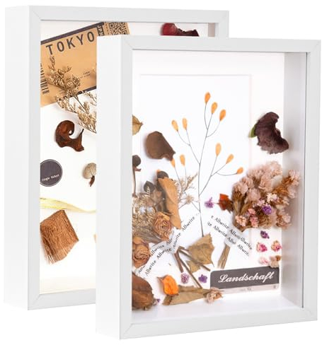 Alishomtll 3D Bilderrahmen zum Befüllen 20x25cm, Weiß 2 Stücke Objektrahmen, DIY Tief Rahmen, stabiles MDF-Holz und Acrylglas, 3D Rahmen für Gegenstände Blumen Medaillen, als Geschenke zur Hochzeit