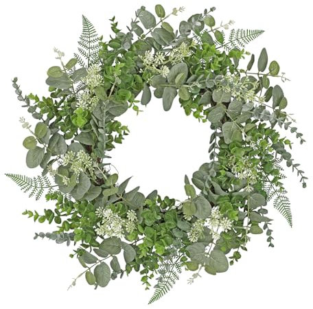 Oairse 20inch/45cm Eucalyptus Door Wreath Spring Summer Greenery Wreath Artificial Hanging Foliage Wreath for Front Door Indoor Outside All Season Window Mantle Farmhouse Home Decor