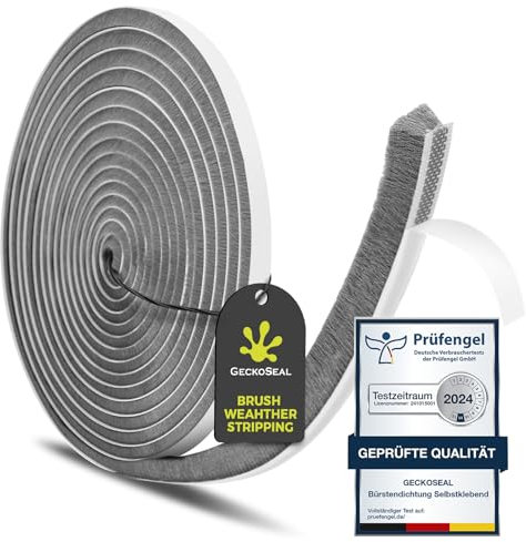 GeckoSeal 12m Bürstendichtung Selbstklebend, 9mm x 9mm, für Fenster, Schiebetür, Rollladen, Kleiderschrank, Insektenschutz - Grau