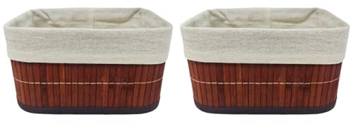 Acan Tradineur - Pack de 2 cestas rectangulares de bambú, incluyen forro interior de tela extraíble y lavable, ligeras, organización del hogar (Color caoba - 22 x 17 x 12 cm)