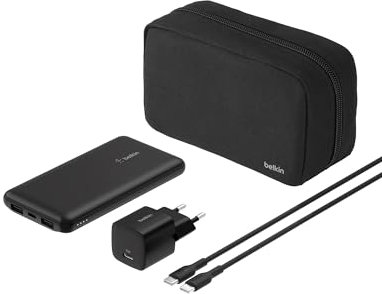 Belkin Kit de Accesorios de Carga portátil 4 en 1, Batería Externa de 10 000 mAh, Cargador USB-C de 25 W, Cable USB-C de 60 W y Estuche de Transporte, Carga rápida, Diseño Compacto para Viajar