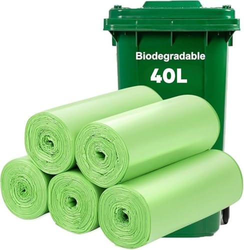 Sac Poubelle 40L Biodégradable Compostable | Lot de 100 Sacs OK Compost | Lien Coulissant | Déchets Alimentaires (Fruits Légumes) | Base 100% Végétale Amidon de Maïs | Normes Européennes (40L)