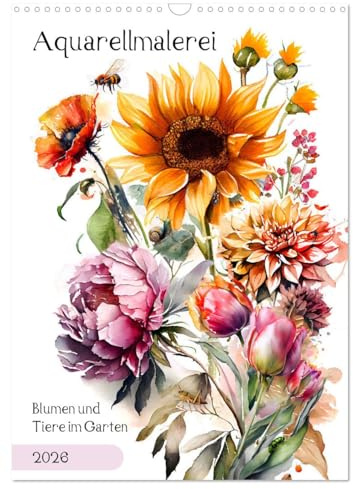 Aquarellmalerei - Blumen und Tiere im Garten (Wandkalender 2026 DIN A3 hoch), CALVENDO Monatskalender: Kunstvoll gemalte Blüten und ihre tierischen Bewohner (CALVENDO Natur)