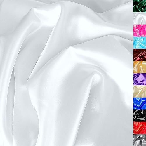 TOLKO 1m Glanz Satin Stoff Meterware als Modestoff Dekostoff Kostümstoff Gardinenstoff Vorhangstoff Hochzeitsstoff | Glitzer Satinstoffe zum Nähen Dekorieren | Nähstoffe 150cm breit (Weiß)