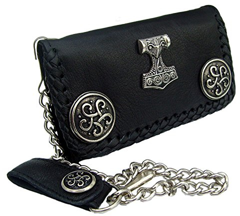 Biker Leder Geldbörse Wallet Farbe Schwarz mit Kette Keltik Knoten Thor Hammer
