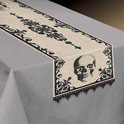 Amscan 570018-55 - Tischdecke Boneyard, aus Textil,Größe 35 x 180 cm, Skull, Totenkopf, Skelett, Halloween, Horror-Party, Mottoparty