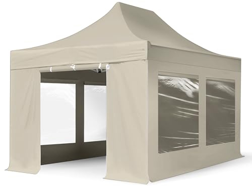 TOOLPORT Faltzelt Professional 3x4,5 m - mit 4 Seitenteilen (Panoramafenster) Faltpavillon ALU Pavillon Partyzelt Creme