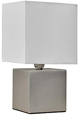 MiniSun | Modern Brushed Chrome Cube Design Touch Dimmer Bedside Table Lamp with a White Fabric Light Shade - Complete with a 5w LED Dimmable Candle Bulb | Table Lamps & Home Improvements Essential
