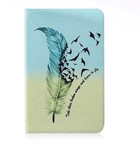 AIFILLE Portafoglio Custodia a Libro in Pelle PU Flip Ultrasottile Antiurto Protettiva Carta Credito Elegante Smart Cover per Tablet Samsung Galaxy Tab E 9.6 2015 T560/T561 Piuma Verde Giallo Disegni