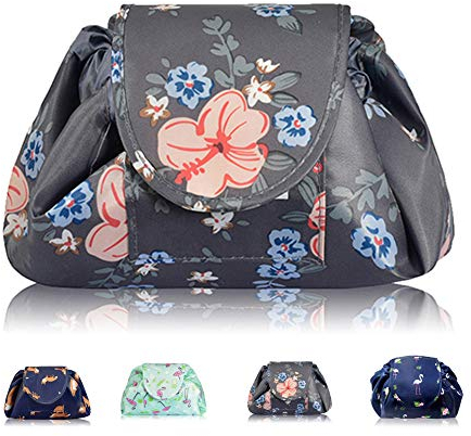 Lazy Drawstring Makeup Bags, Large Capacity Waterproof Travel Portable Cosmetic Bag Pouch Makeup Pouch Storage Organiser for Women Girl (Flower)