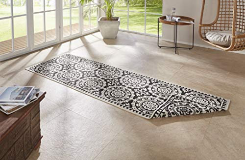 NORTHRUGS In- und Outdoor Teppich Jardin 80x350cm - Wendeteppich Wetterfest Orientalisches Vintage Design Läufer für Balkon Terrasse Garten Wintergarten Wohnzimmerteppich Wasserfest in Schwarz Creme
