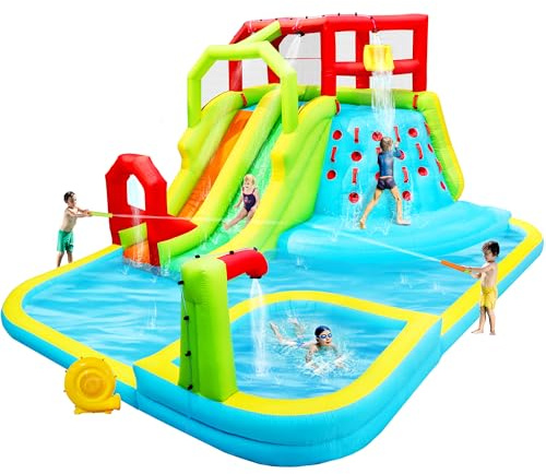 WELLFUNTIME Parque Inflable de toboganes acuáticos, Castillo Inflable con Piscina Profunda, 3 Pelotas Deportivas inflables y 4 Pistolas de Agua, Castillo de Salto con soplador de Aire