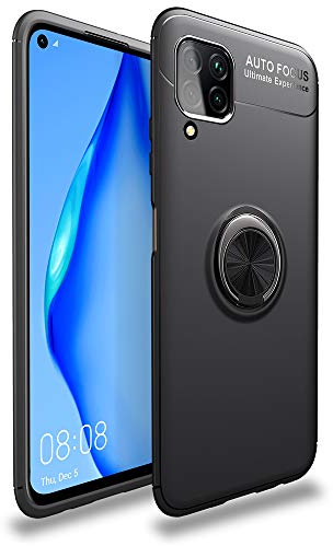NALIA Ring Handyhülle kompatibel mit Huawei P40 lite Hülle, Silikon Cover mit 360-Grad Finger-Halter für magnetische KFZ-Halterung, Schutzhülle Phone Case Handy-Tasche Etui Bumper, Farbe:Schwarz