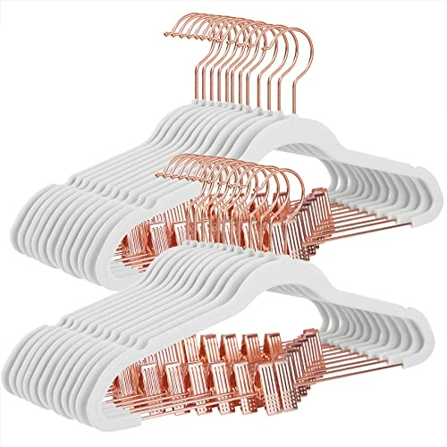 SONGMICS 24-Pack Velvet Pants Hangers, 16.7-Inch Long Coat Hangers with Rose Gold Colored Movable Clips, Heavy-Duty, Non-Slip, Space-Saving, for Pants, Skirts, Dresses, White UCRF014W01