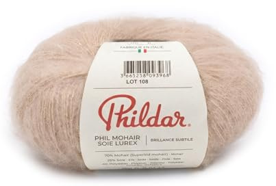 Phildar - Wollknäuel Phil Mohair Seide Lurex, 25 g – Wolle zum Stricken – 70% Mohair, 4% Polyester, 26% Seide – Nadel Nr. 5 – Farbe Gazelle