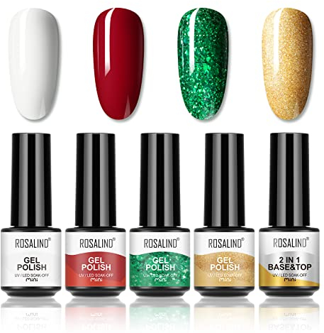 ROSALIND UV Nagellack,4 Farben Glitzer Grün Glitzer Gold Rot Weiss Gel Nagellack Weihnachten Set Soak-Off UV Lampe Gel Nail Polish mit 2 IN 1 Base Coat Top Coat Nail Art