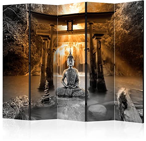 murando Raumteiler Foto Paravent Buddha 225x172 cm beidseitig auf Vlies-Leinwand bedruckt Trennwand Spanische Wand Sichtschutz Raumtrenner Design Wasserfall Landschaft Natur Spa Zen p-A-0034-z-c