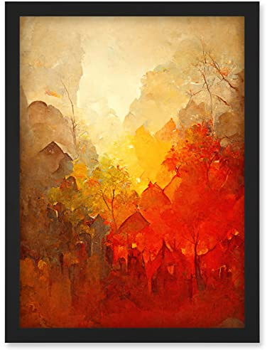 Doppelganger33 LTD Hidden Village Autumn Forest Warm Glow Watercolour Artwork Framed Wall Art Print A4