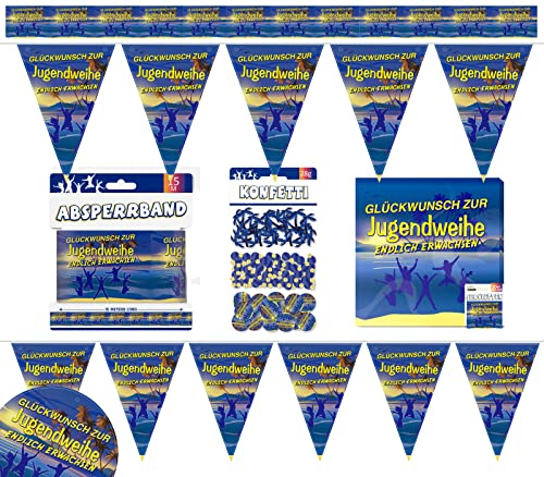 Jugendweihe Party-Deko Set #1 Tischdeko Konfetti Servietten Wimpel Girlande Flatterband I Glückwunsch zur Jugendweihe Jugendfeier blau Gold gelb Mehrfarbig von Feste Feiern