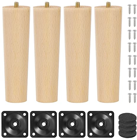 Knpwer 4 Stück 15cm Möbelfüße Holz Möbelbeine, Massivholz Beine Aus Eiche für Stühle Schrank Sofa Bett Couch, mit Montageplatten, Schrauben und Filzgleiter (Gerader Fuß)