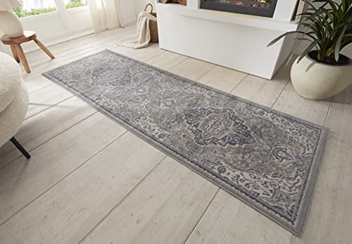 Hanse Home Orken Teppich Orientalisch –Kurzflor Vintage Wohnzimmerteppich Weicher Orient-Teppich ÖKO-TEX Läufer für Schlafzimmer, Esszimmer, Wohnzimmer, Flur, Küche – Grau Creme, 80x200cm